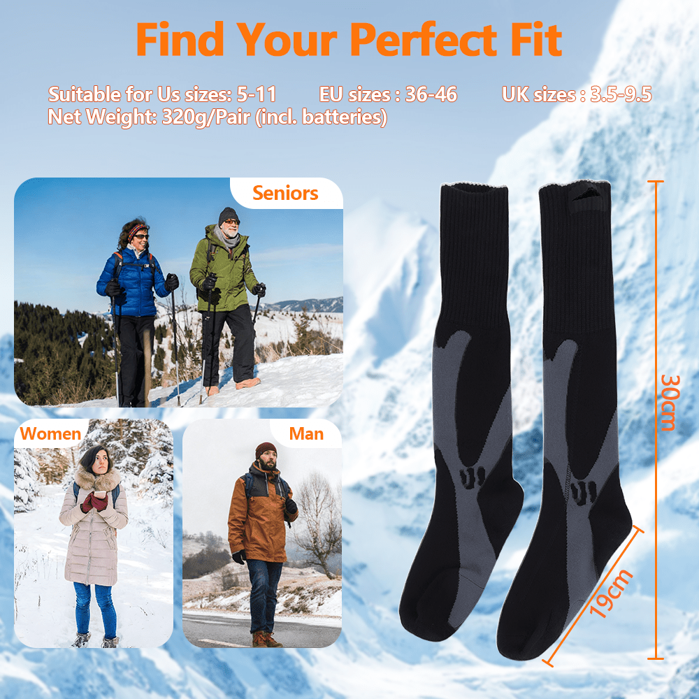 Black socks with gray accents displayed against a snowy background, featuring text about size compatibility and product details.