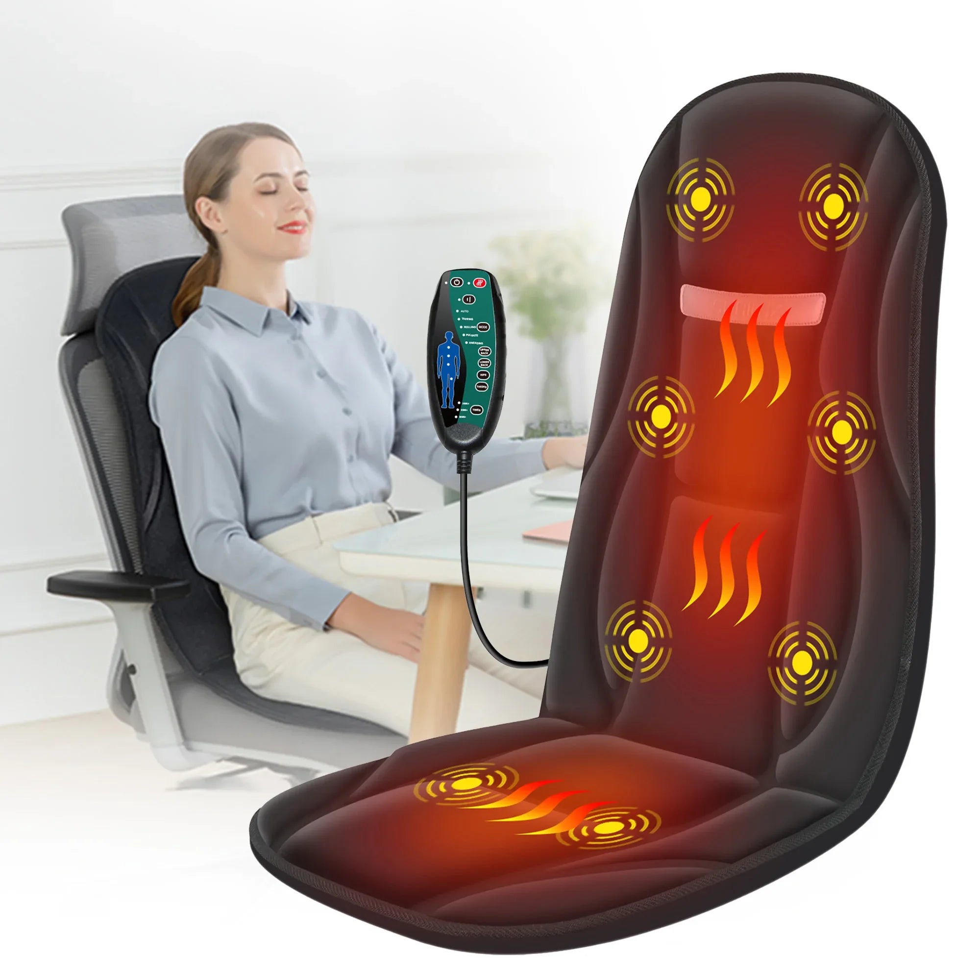 Vibration Back Massager Seat Cushion with Heat, 8 Motors, 5 Massage Modes, Chair Massager for Home & Office - Thermeva