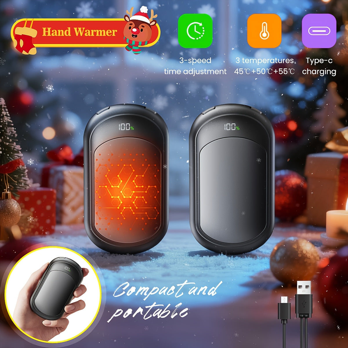 Rechargeable Magnetic Hand Warmers 2-Pack, Electric Pocket Heater, Dual-Sided Heating, 3 Temperature Modes