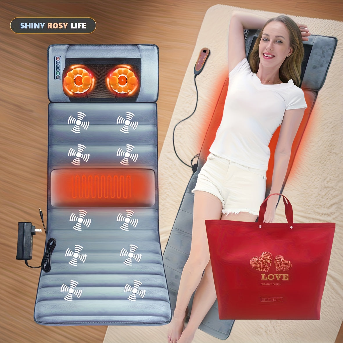 Full Body Massage Mattress with Heat & Shiatsu Neck Massage, 10 Vibration Zones, Low Voltage Design