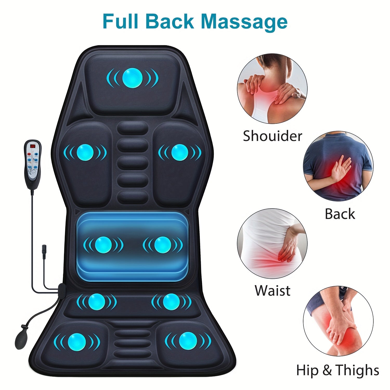 Heated Massage Chair Cushion with Lumbar Support, 9 Massage Modes, Plug-In Back & Seat Massager