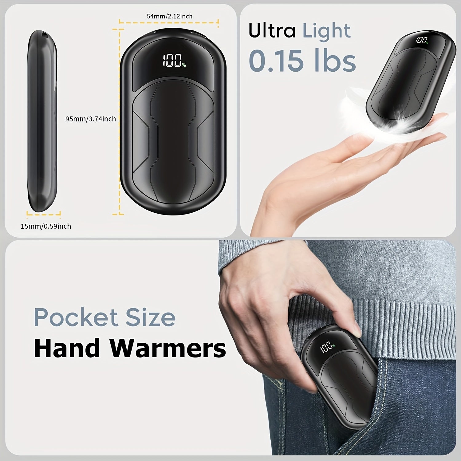 USB Electric Hand Warmer with Digital Display, Dual Heat Modes, Portable Pocket Hand Heater for Indoor & Outdoor Use
