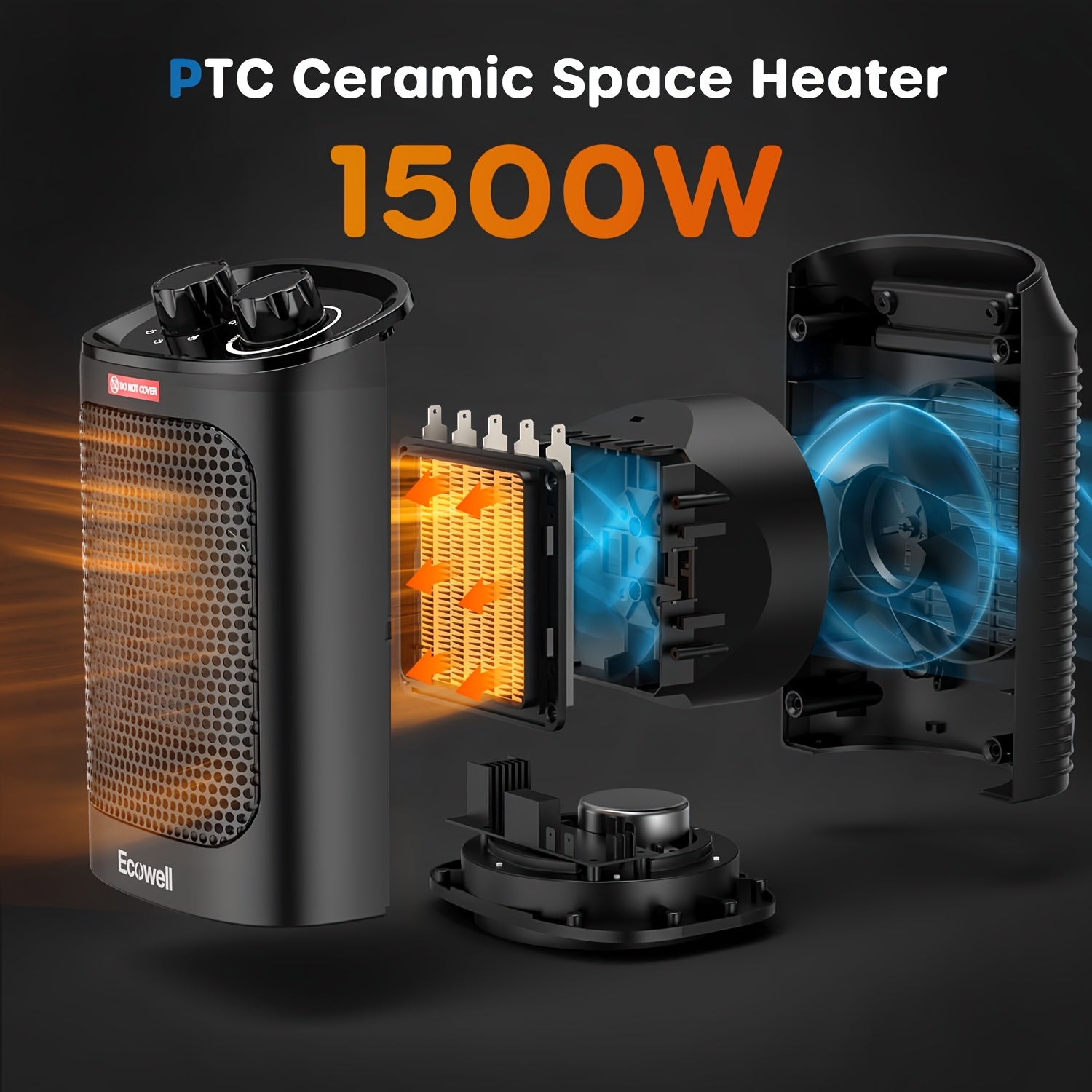 1500W Ceramic PTC Space Heater for Indoor Use – Portable Heater with 60° Oscillation & Safety Shut-Off