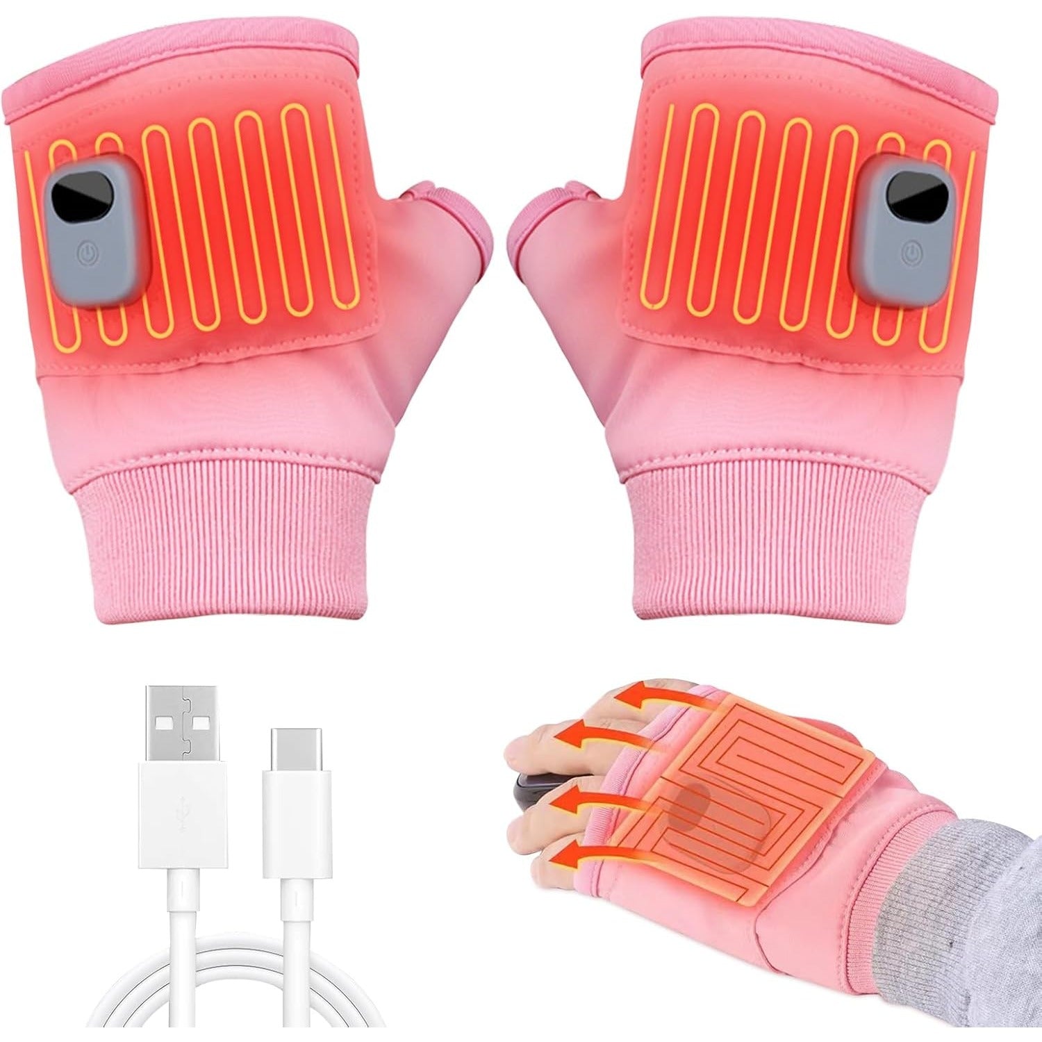 USB Heated Fingerless Gloves, Electric Hand Warmers with Adjustable Fit for Typing, Work & Outdoor Use
