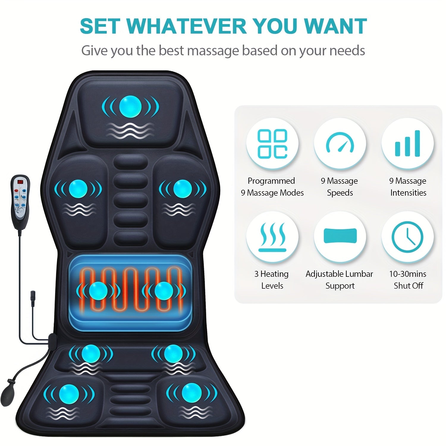 Heated Massage Chair Cushion with Lumbar Support, 9 Massage Modes, Plug-In Back & Seat Massager