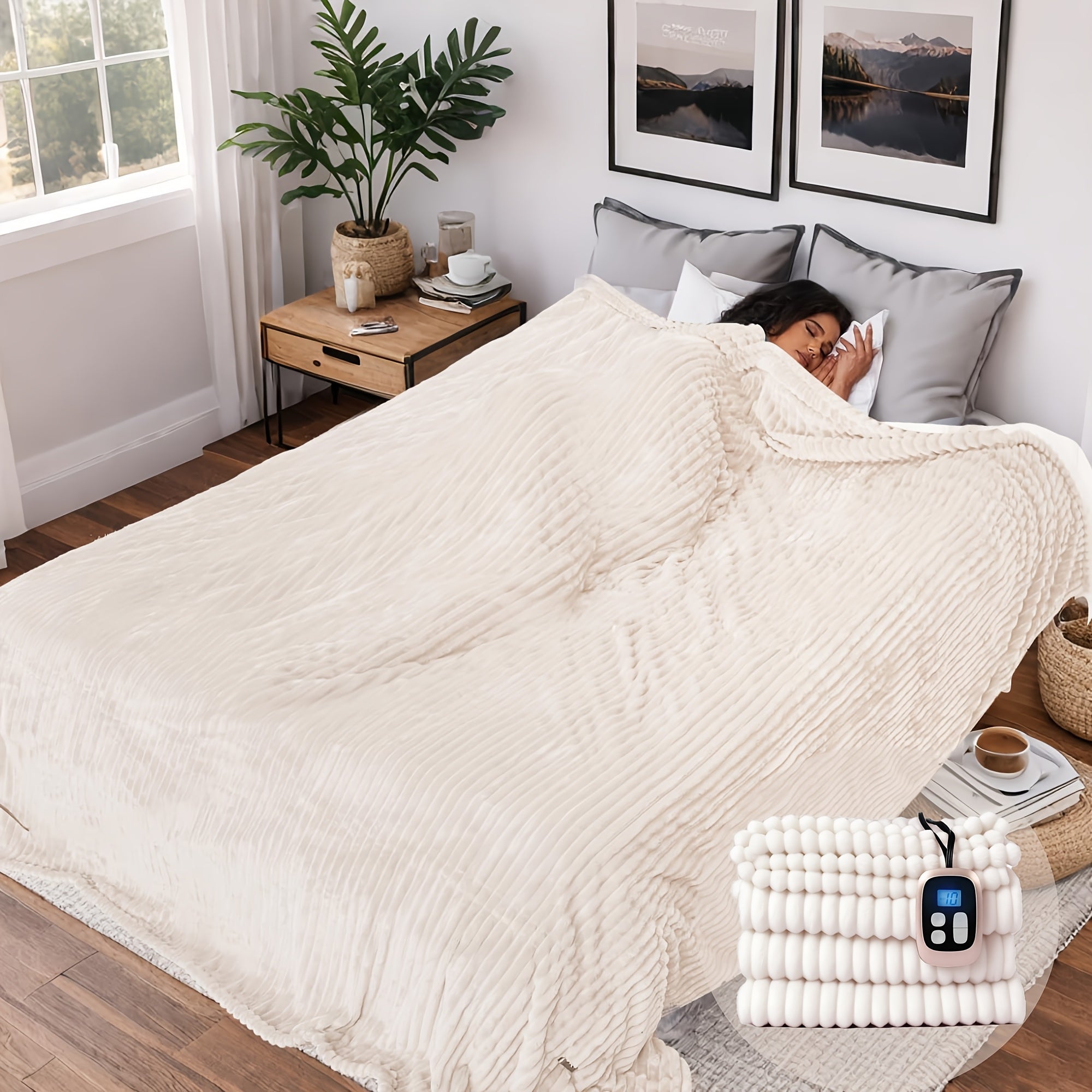 Electric Heated Blanket – Striped Flannel, Fast Heating, Washable