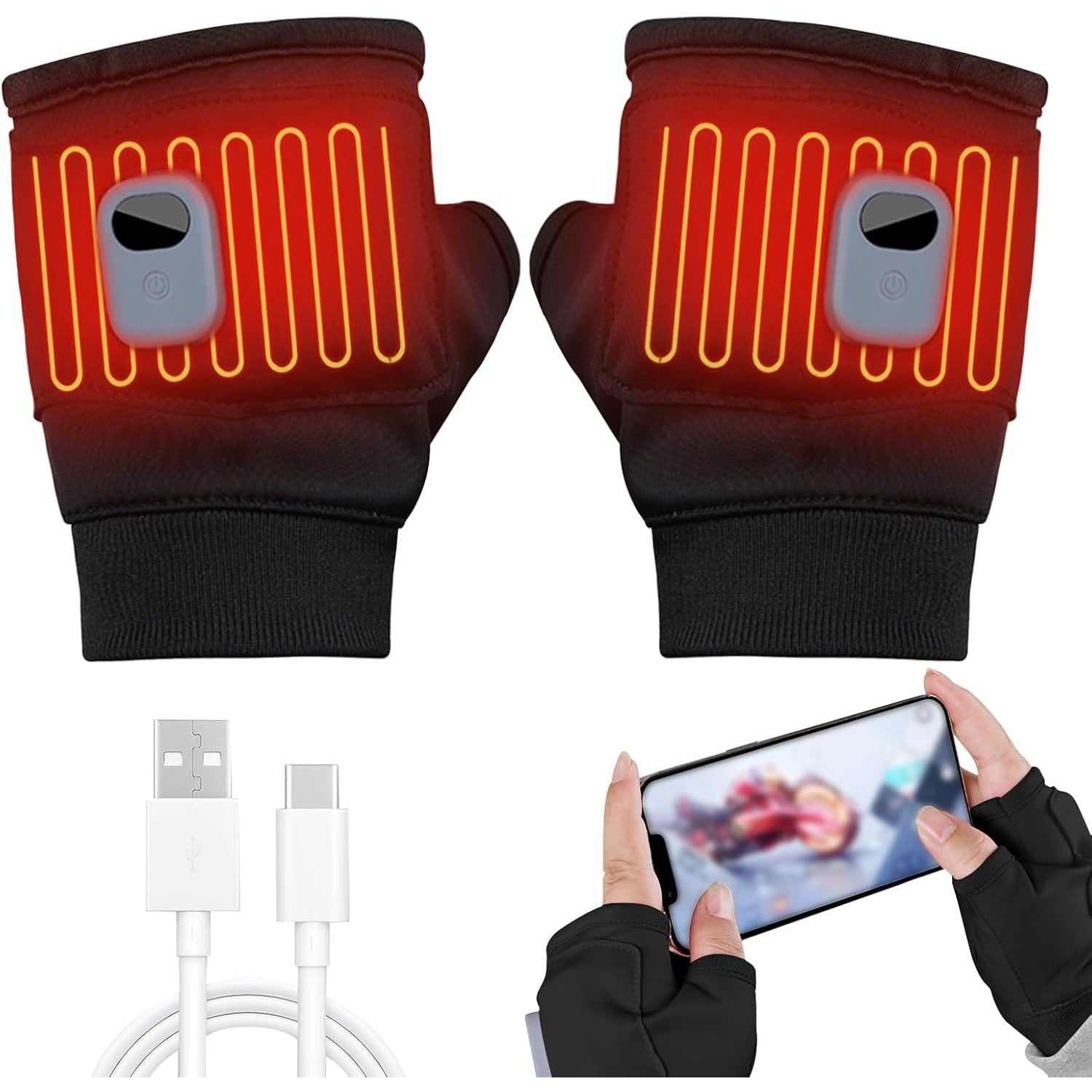 USB Heated Fingerless Gloves, Electric Hand Warmers with Adjustable Fit for Typing, Work & Outdoor Use