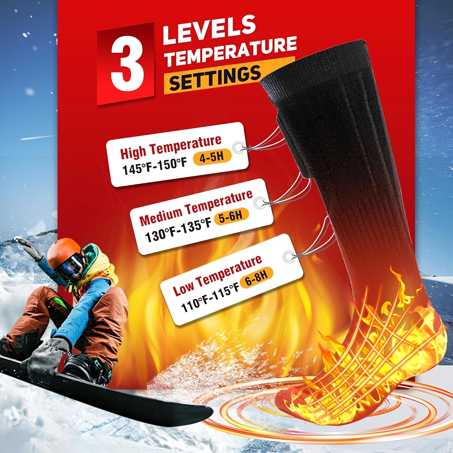 Rechargeable Heated Socks, Dual 4000mAh Batteries, 3 Heat Settings, Washable Electric Socks for Outdoor Work