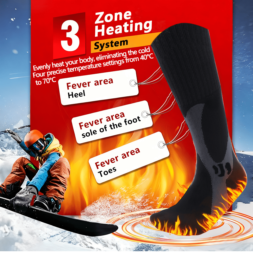Heated sock advertisement with a snowboarder in the background, highlighting a 3-zone heating system.