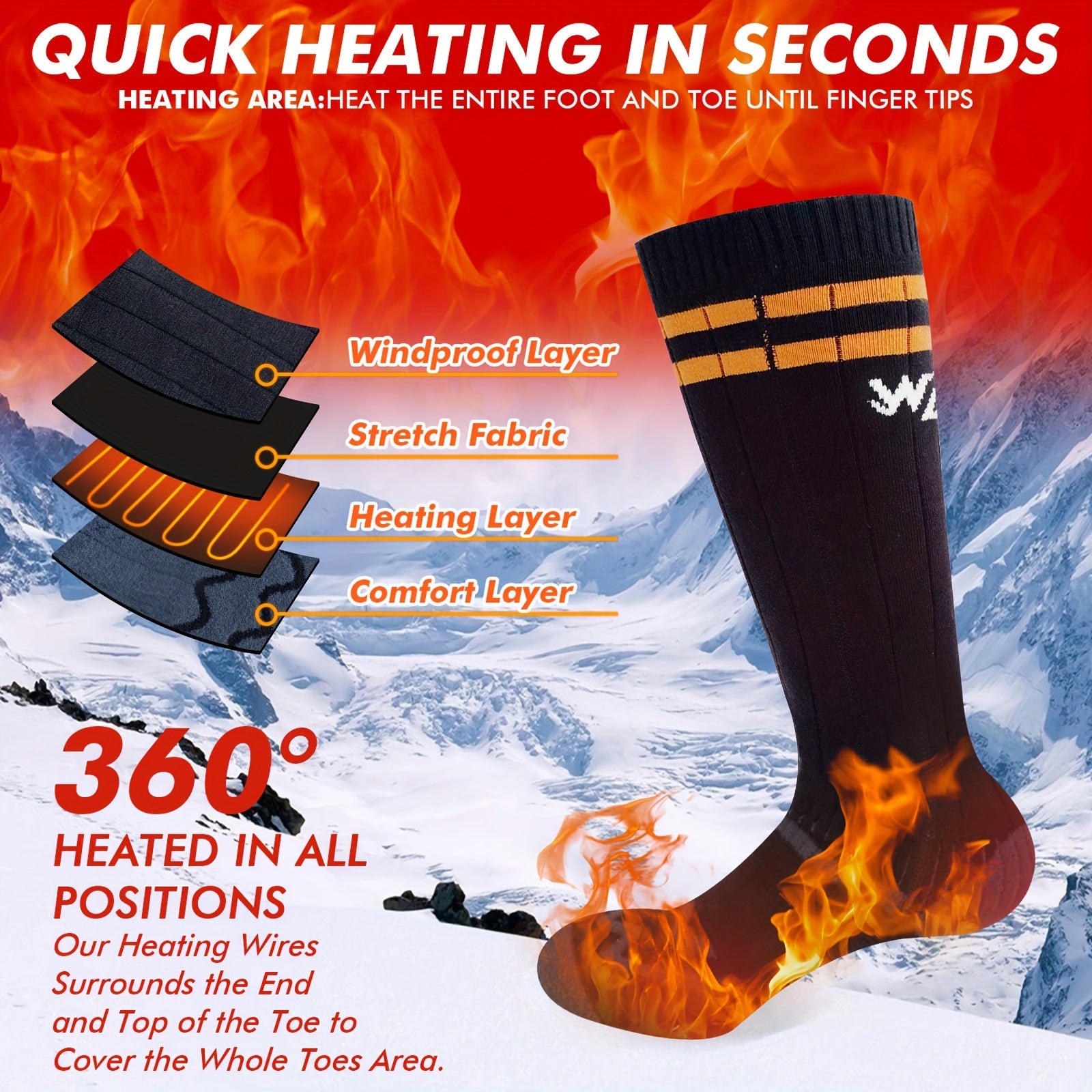 Rechargeable Heated Socks, 5000mAh Battery, Washable Electric Winter Socks for Camping, Hiking & Skiing