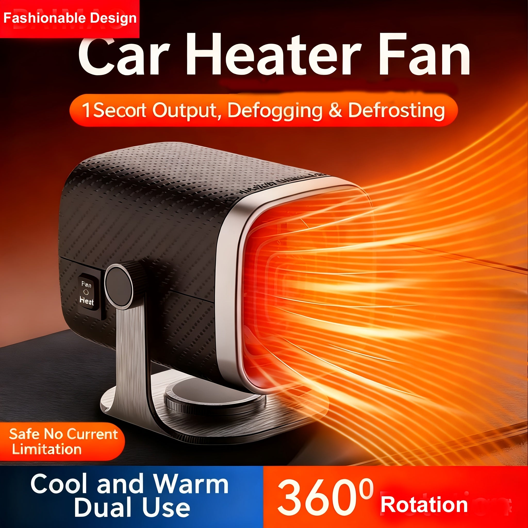 12V Portable Car Heater Defroster, 360° Rotating Base, Hot & Natural Air Modes for Windshield Defogging