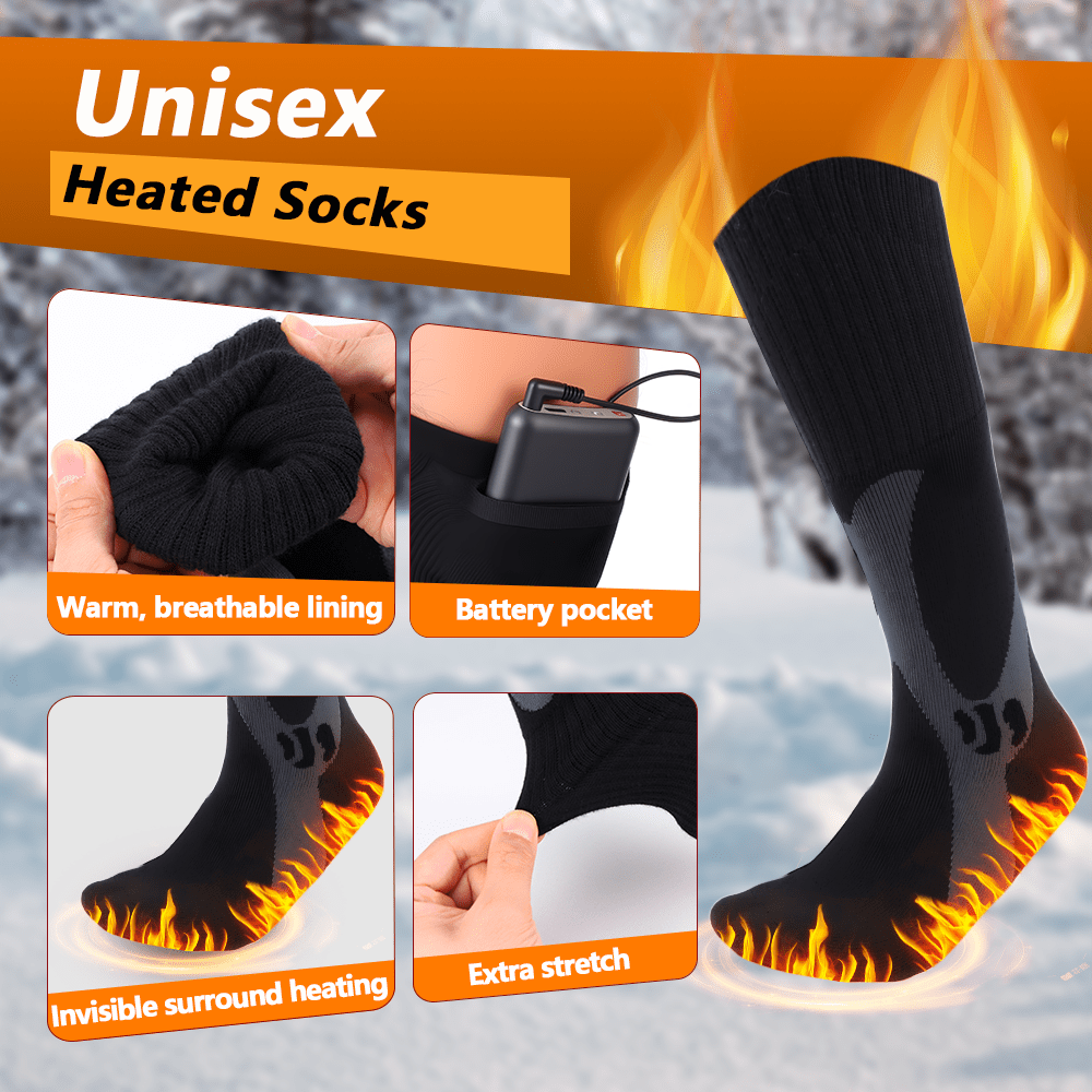 Unisex heated socks with features highlighted on a snowy background