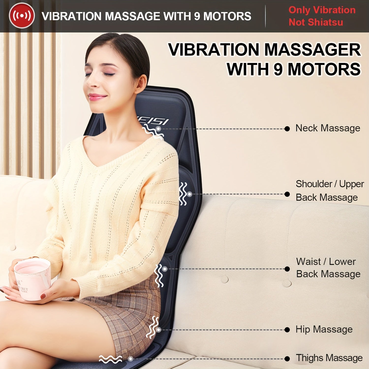 Heated Massage Chair Cushion with Lumbar Support, 9 Massage Modes, Plug-In Back & Seat Massager