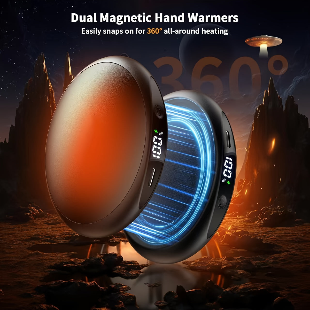 Rechargeable Magnetic Hand Warmers 2-Pack with Digital Display, Electric Pocket Heater, 3 Heat Levels