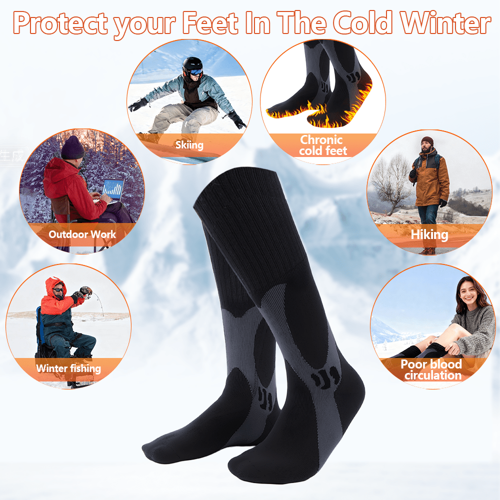 Black knee-high socks with text about winter activities and sock benefits on a snowy background.