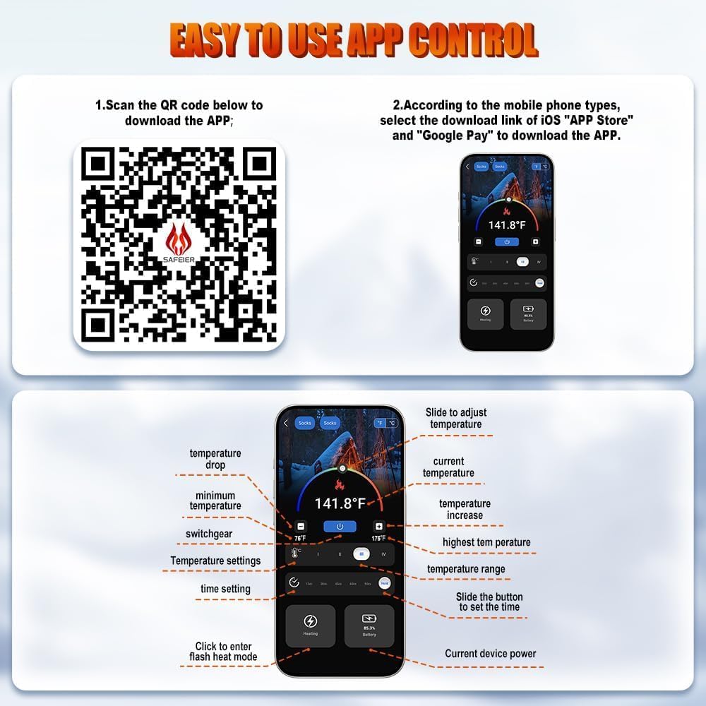 Rechargeable Heated Socks with App Control, Dual 6000mAh Batteries, Washable Electric Socks