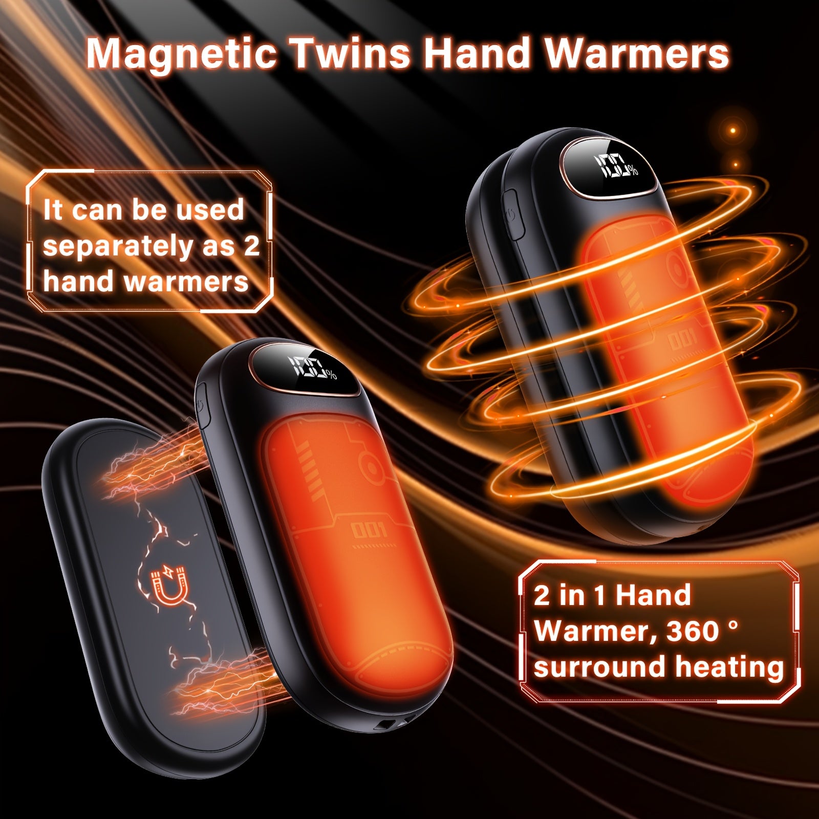 Rechargeable Electric Hand Warmers 2-Pack with LED Display, USB-C Powered Pocket Heater, Long-Lasting Heat