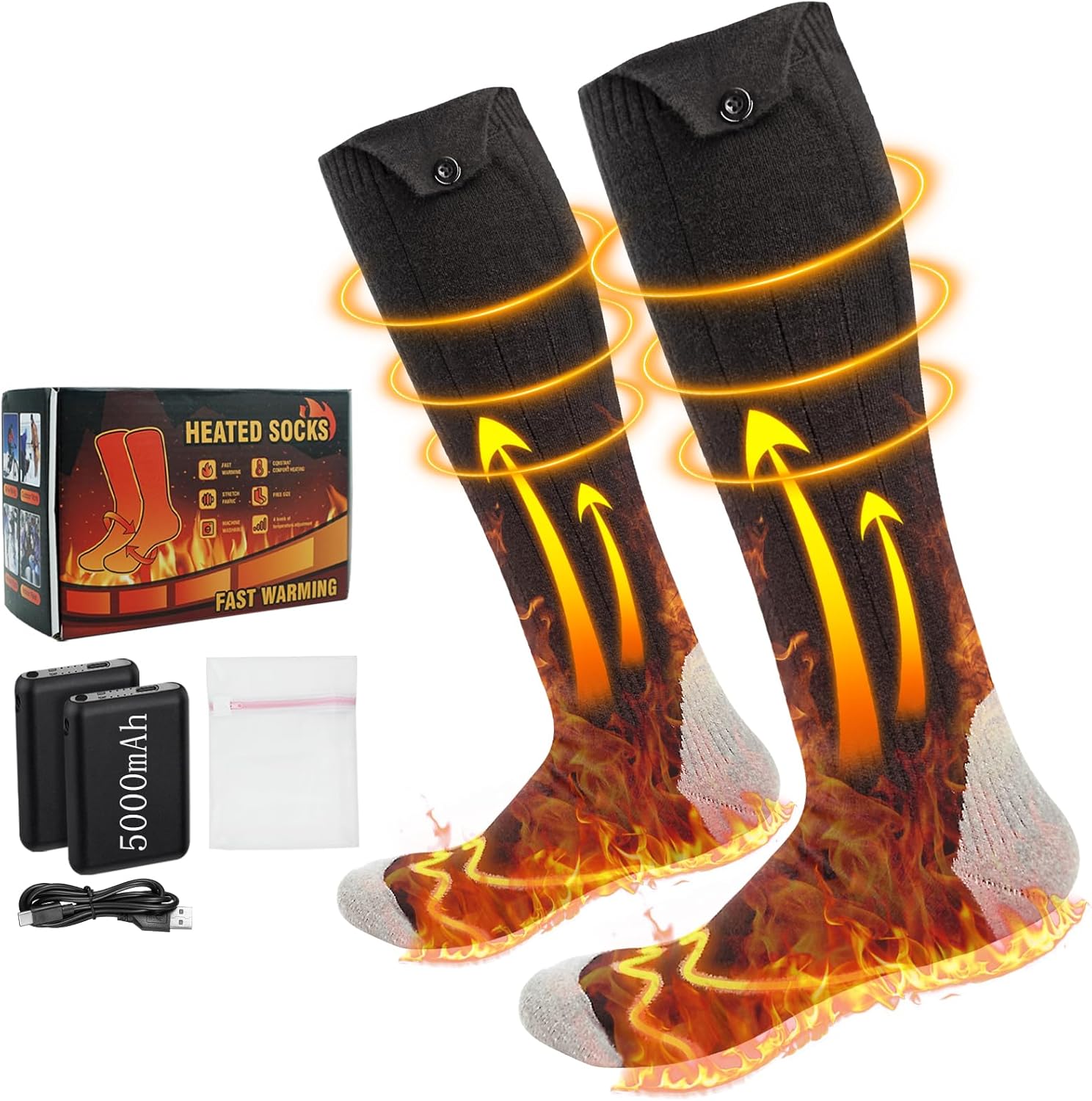 Rechargeable Heated Socks, 5000mAh Battery, 4 Heat Levels, Washable Electric Socks for Winter Activities