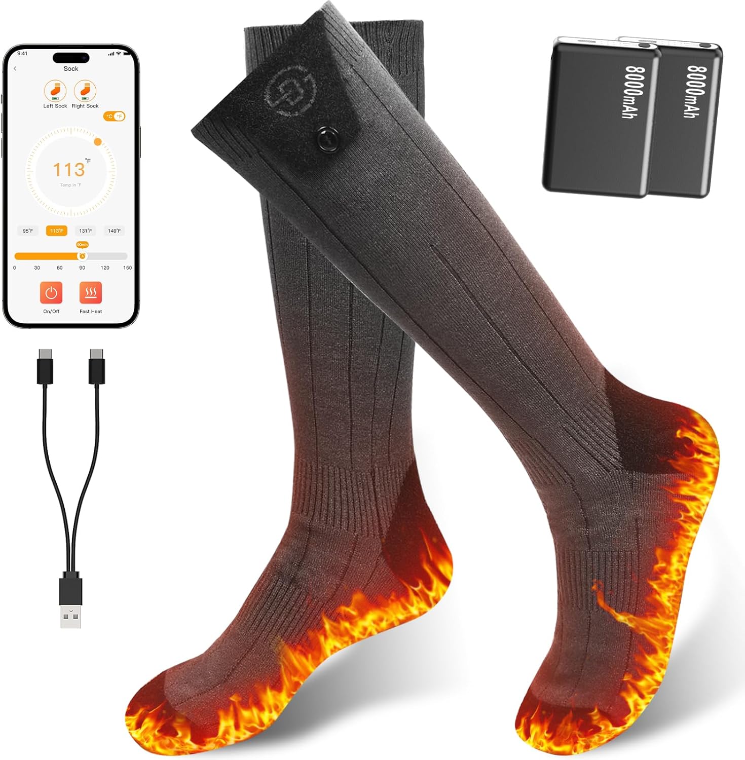 Heated Socks with App Control, 8000mAh Rechargeable Battery, 4 Heat Levels, Electric Hiking Socks