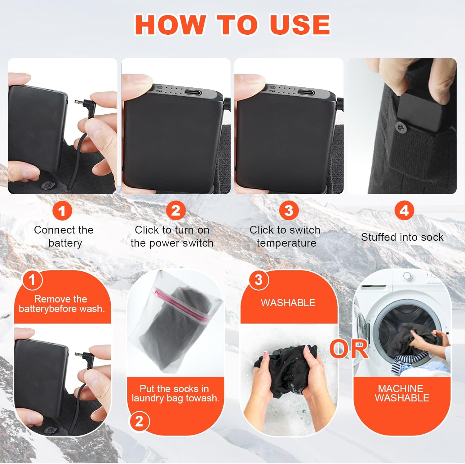 Rechargeable Heated Socks, 5000mAh Battery, 4 Heat Levels, Washable Electric Socks for Winter Activities