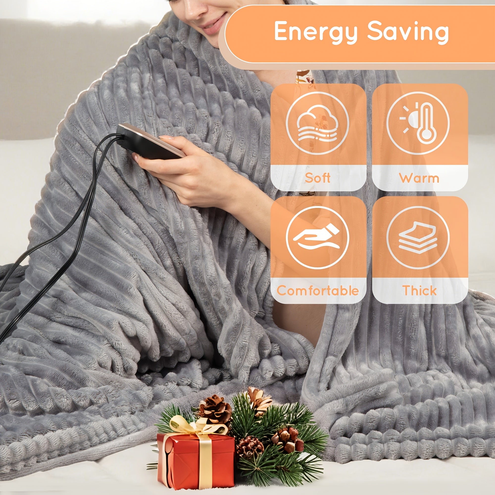 Electric Heated Blanket – Striped Flannel, Fast Heating, Washable