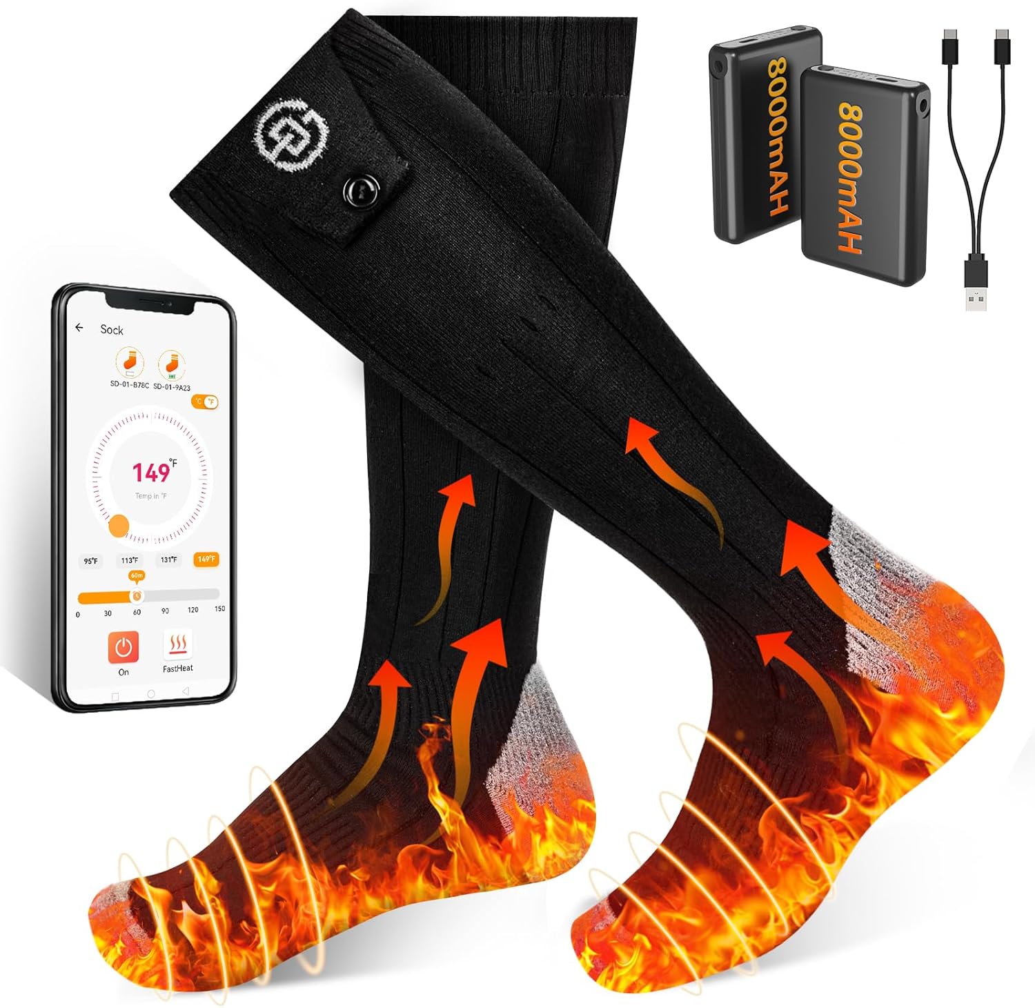 App-Controlled Heated Socks, Dual 8000mAh Batteries, Washable Electric Socks for Skiing & Outdoor Use