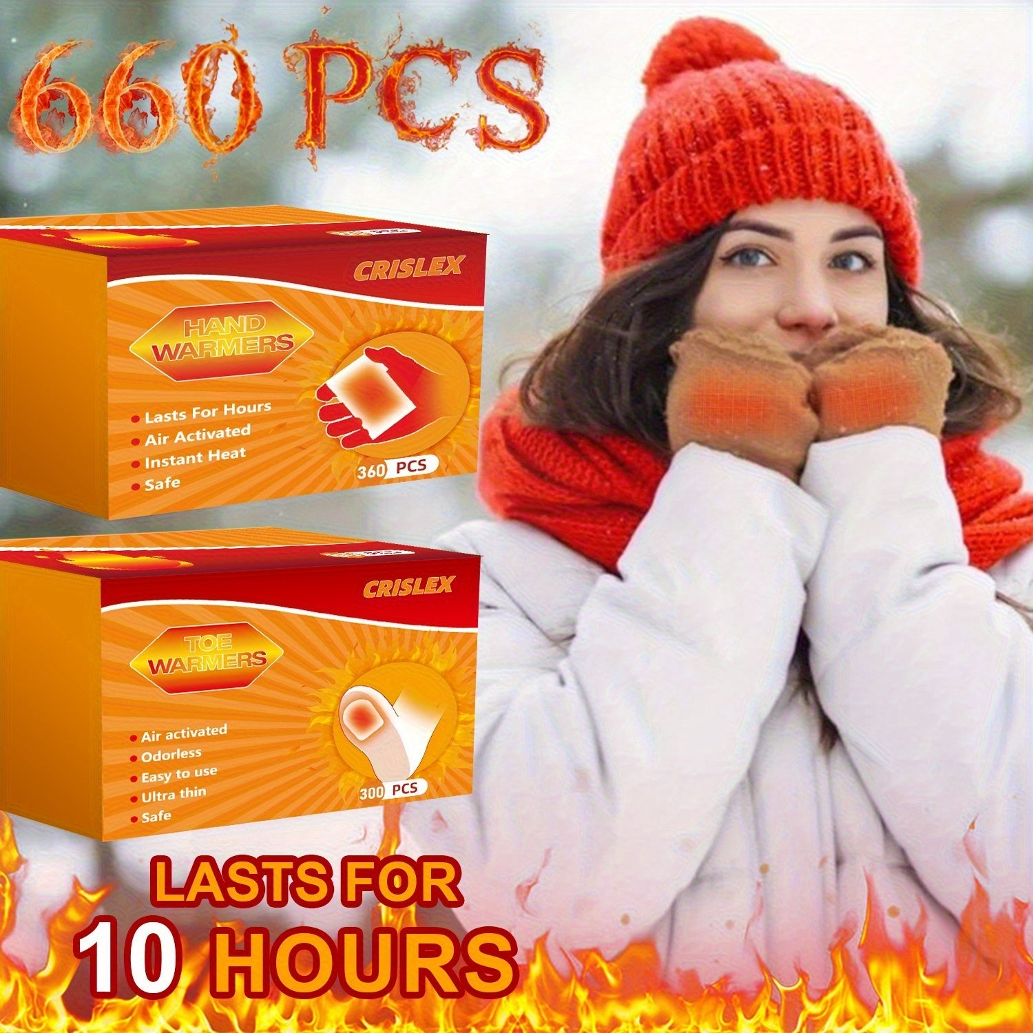 Air-Activated Hand & Body Warmers 10-Pack, Disposable Heat Packs for Hands, Toes & Body, Odorless Design