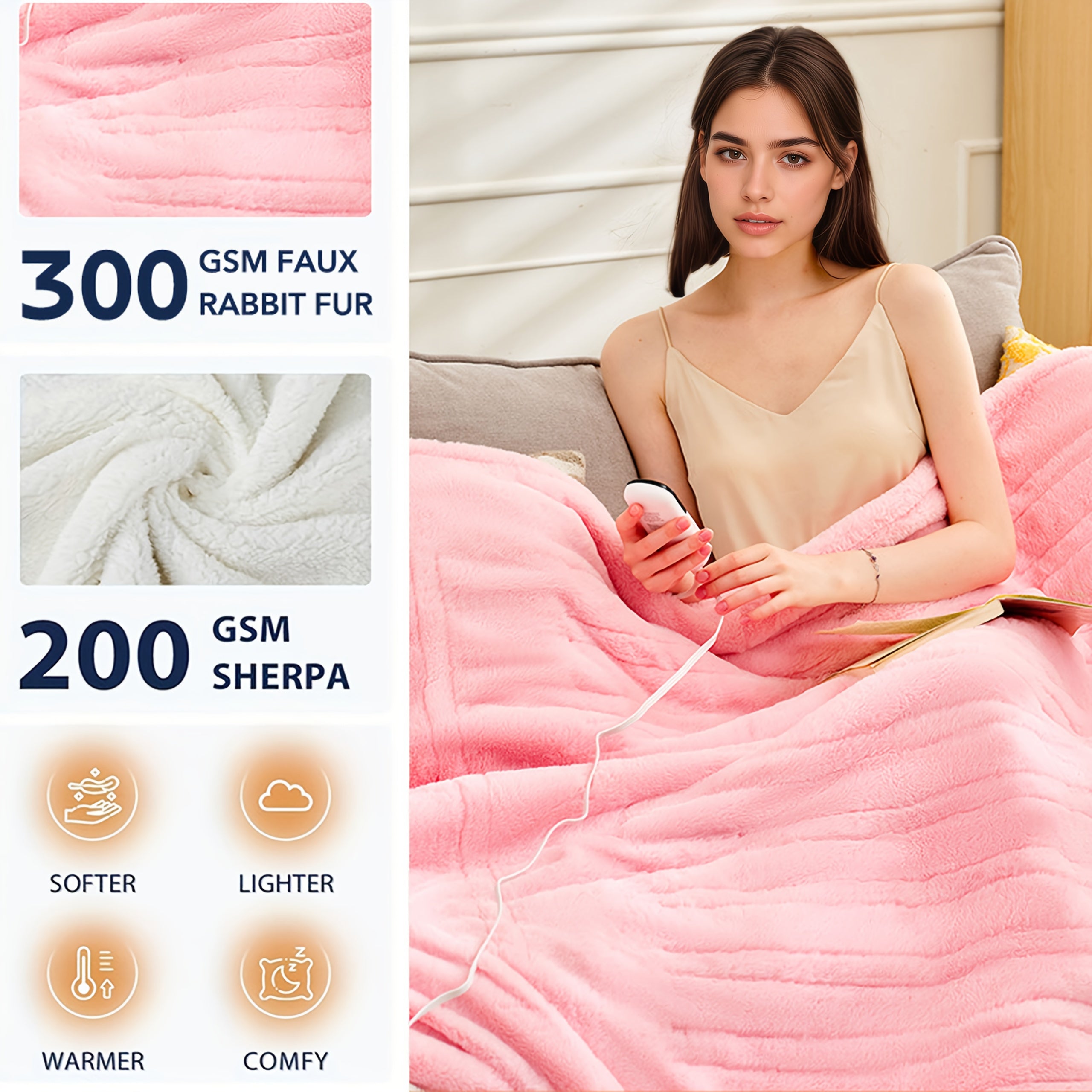 Luxury Electric Blanket – Plush Fabric, Multiple Heat Settings, Timer, Washable