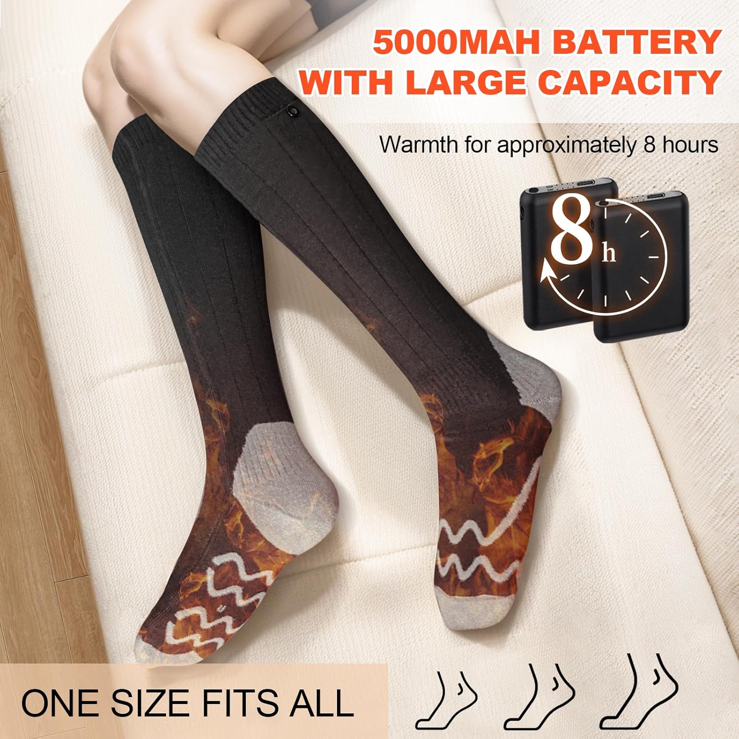 Rechargeable Heated Socks, 5000mAh Battery, 4 Heat Levels, Washable Electric Socks for Winter Activities