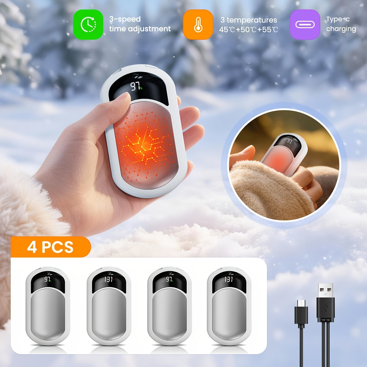 Rechargeable Magnetic Hand Warmers 2-Pack, Electric Pocket Heater, Dual-Sided Heating, 3 Temperature Modes