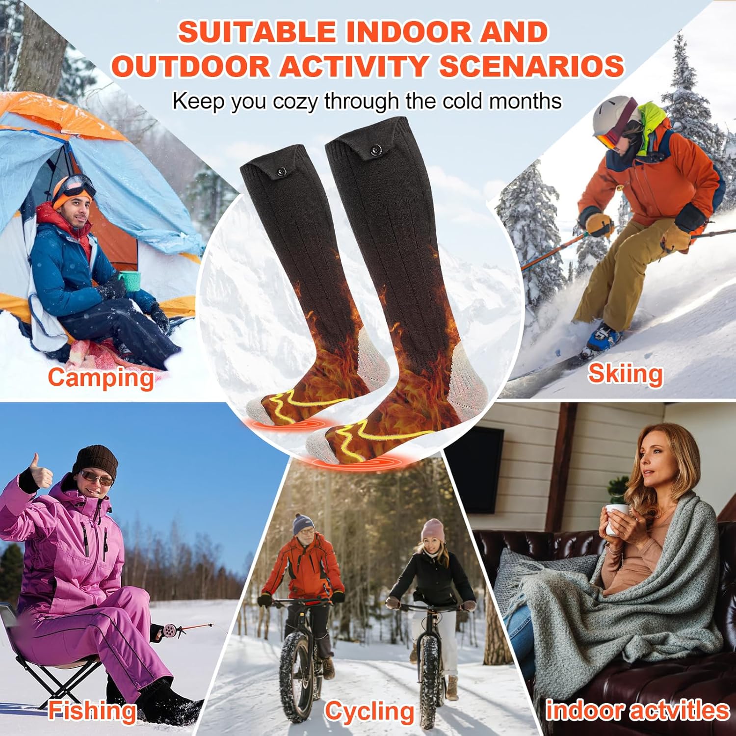 Rechargeable Heated Socks, 5000mAh Battery, 4 Heat Levels, Washable Electric Socks for Winter Activities