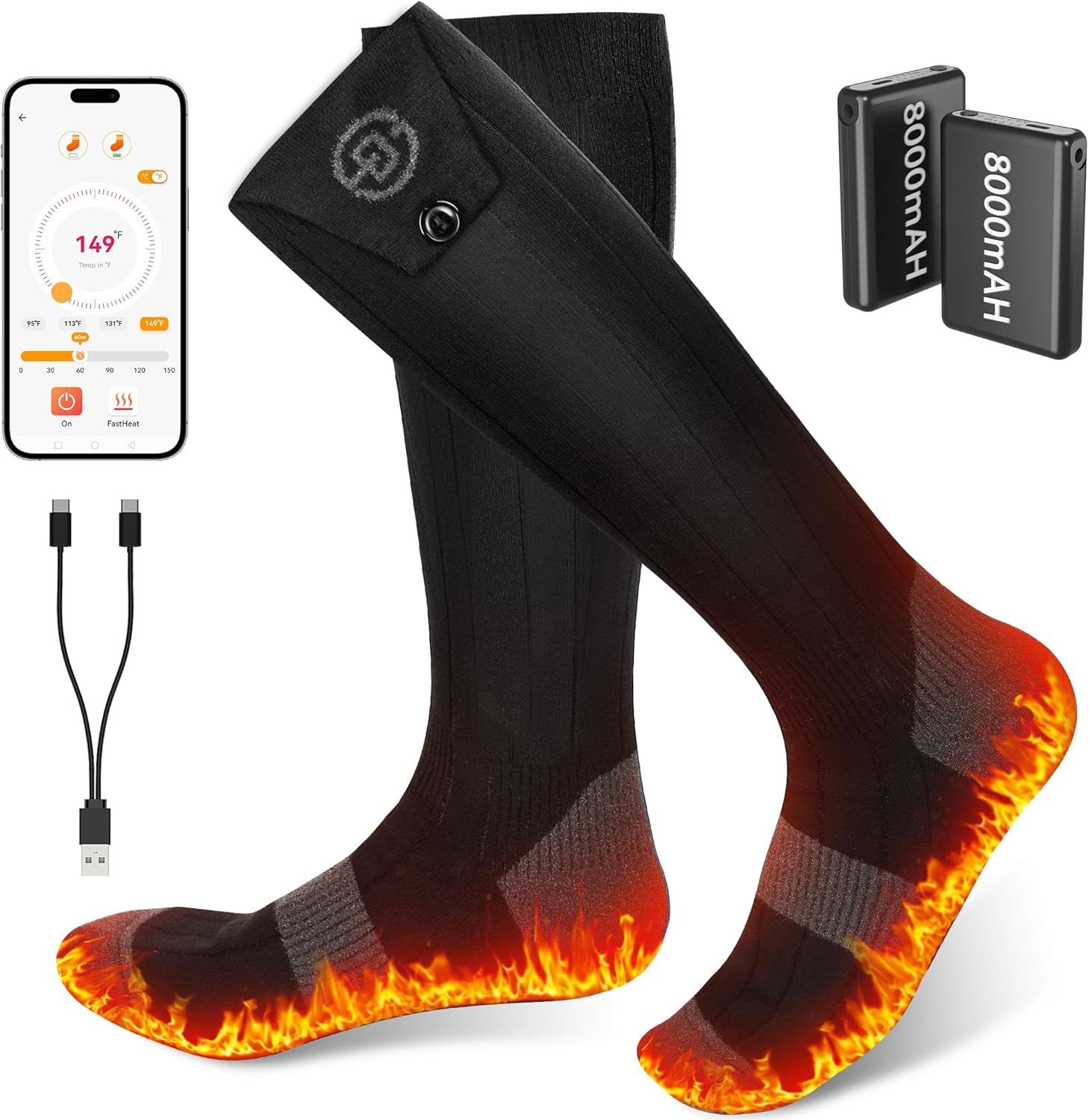 Heated Socks with App Control, Dual 8000mAh Batteries, 360° Heating, Washable Electric Winter Socks