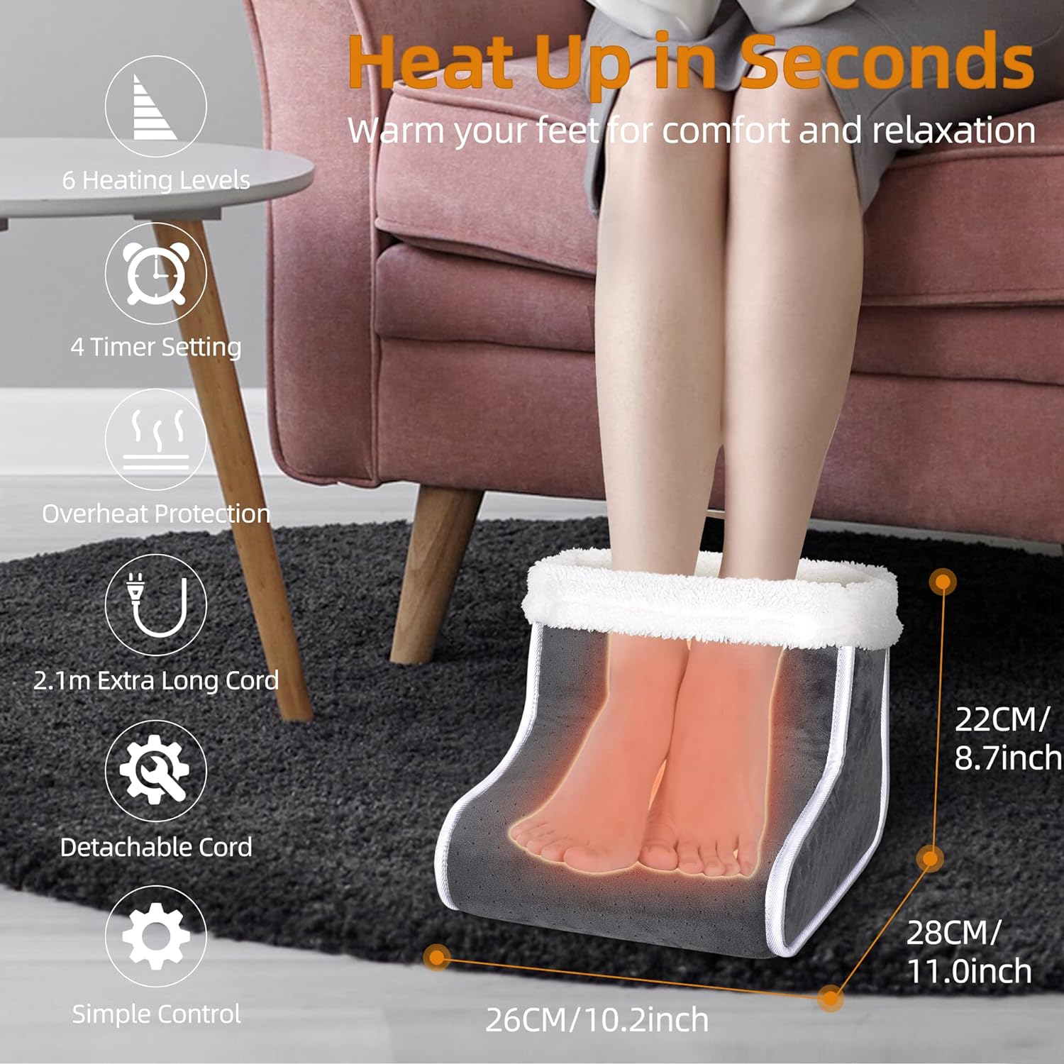 Electric Heated Foot Warmer, Washable Lining, 6 Heat Levels, 4 Timers, Auto Shut-Off, Indoor Winter Foot Warmth