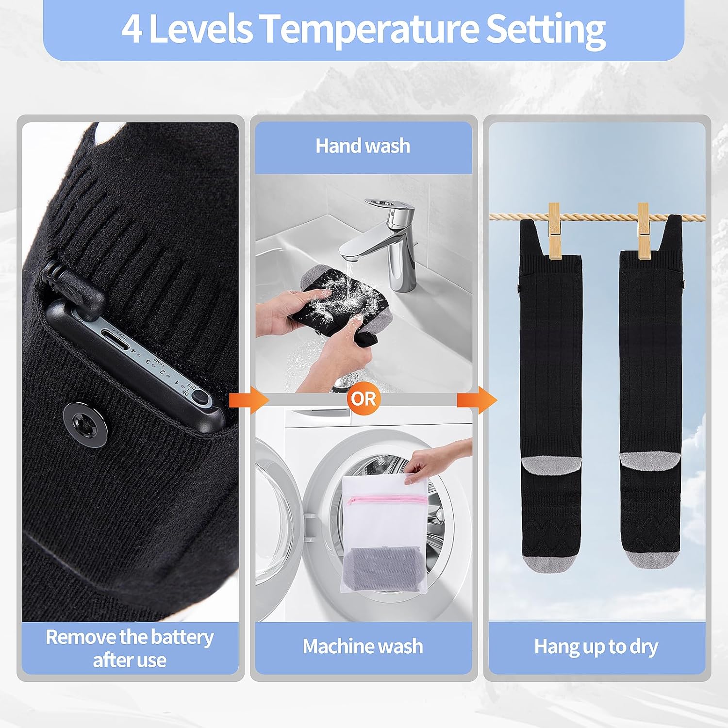 Rechargeable Heated Socks for Men & Women, Washable Electric Socks with 4 Heat Levels for Outdoor Work