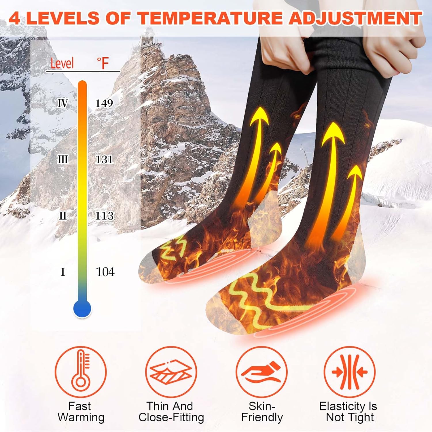Rechargeable Heated Socks, 5000mAh Battery, 4 Heat Levels, Washable Electric Socks for Winter Activities
