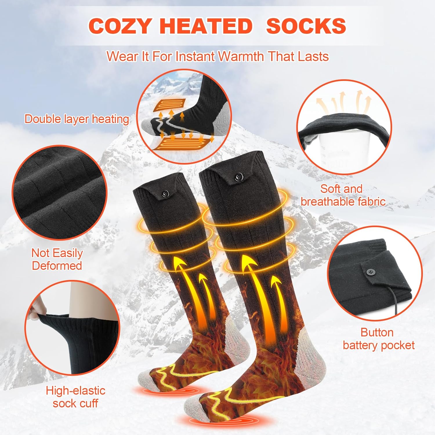 Rechargeable Heated Socks, 5000mAh Battery, 4 Heat Levels, Washable Electric Socks for Winter Activities