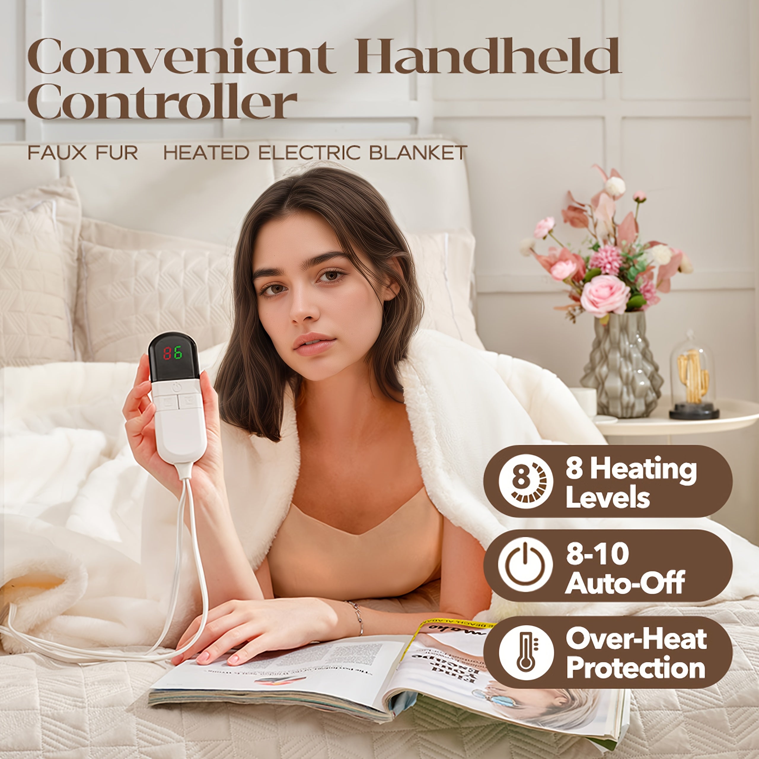 Luxury Electric Blanket – Plush Fabric, Multiple Heat Settings, Timer, Washable