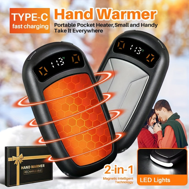 Rechargeable Hand Warmers 2-Pack with COB Light, Magnetic Electric Pocket Heater, 3 Heat Modes, Dual-Sided Heat