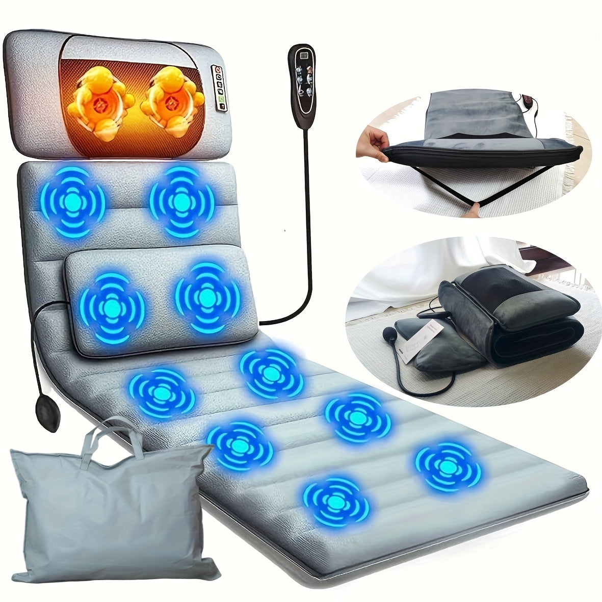 Full Body Massage Mat with Heat & Shiatsu Neck Pillow, 10 Vibration Motors, Foldable Massage Mattress