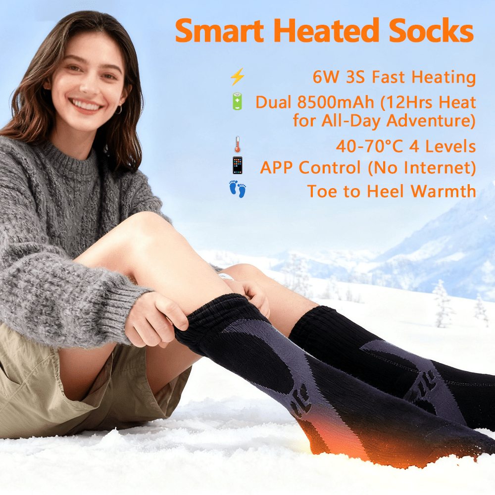 Person wearing smart heated socks with product features listed on a snowy background