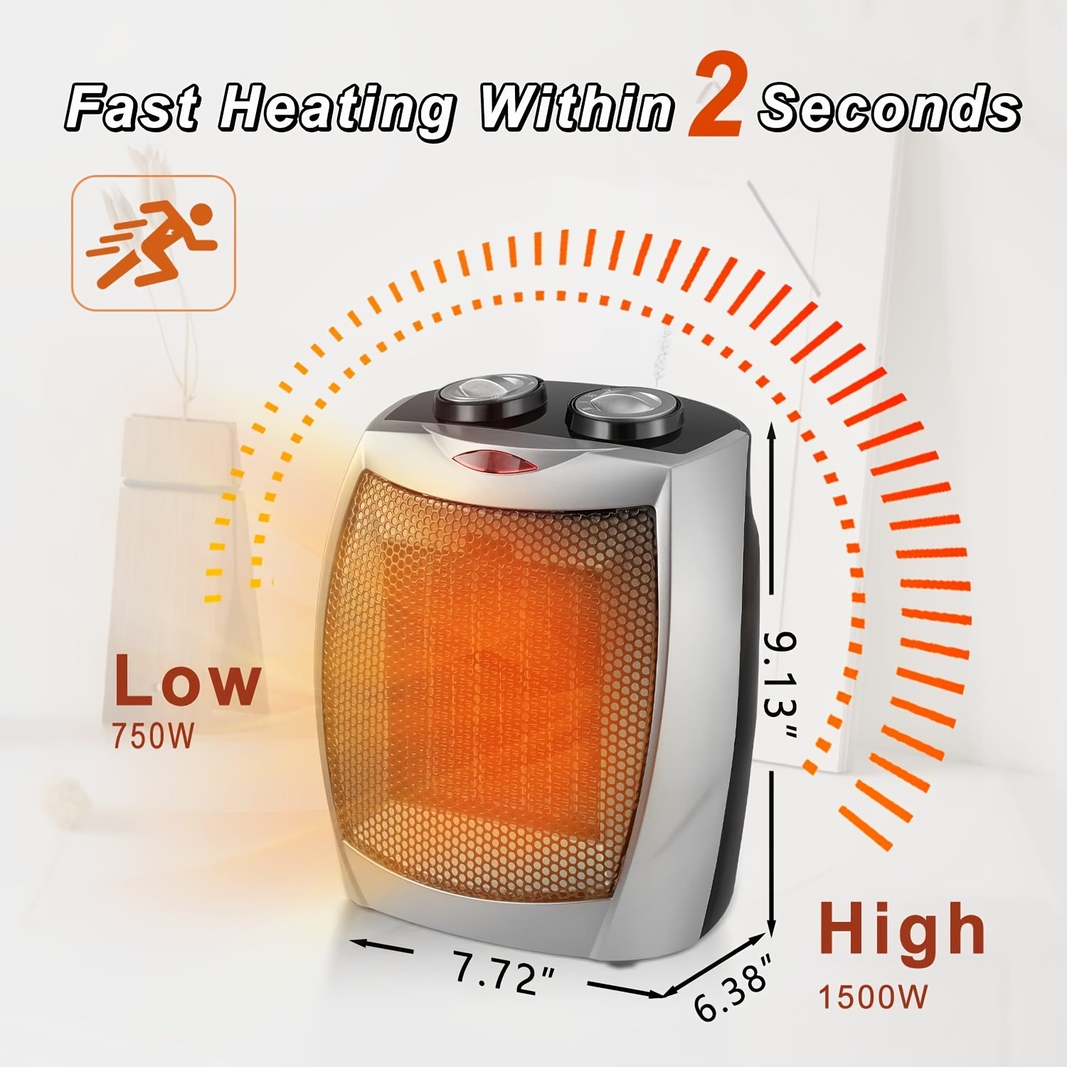 1500W Ceramic Space Heater for Indoor Use – Portable Electric Heater with Adjustable Thermostat