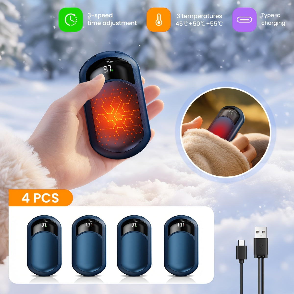 Rechargeable Magnetic Hand Warmers 2-Pack, Electric Pocket Heater, Dual-Sided Heating, 3 Temperature Modes