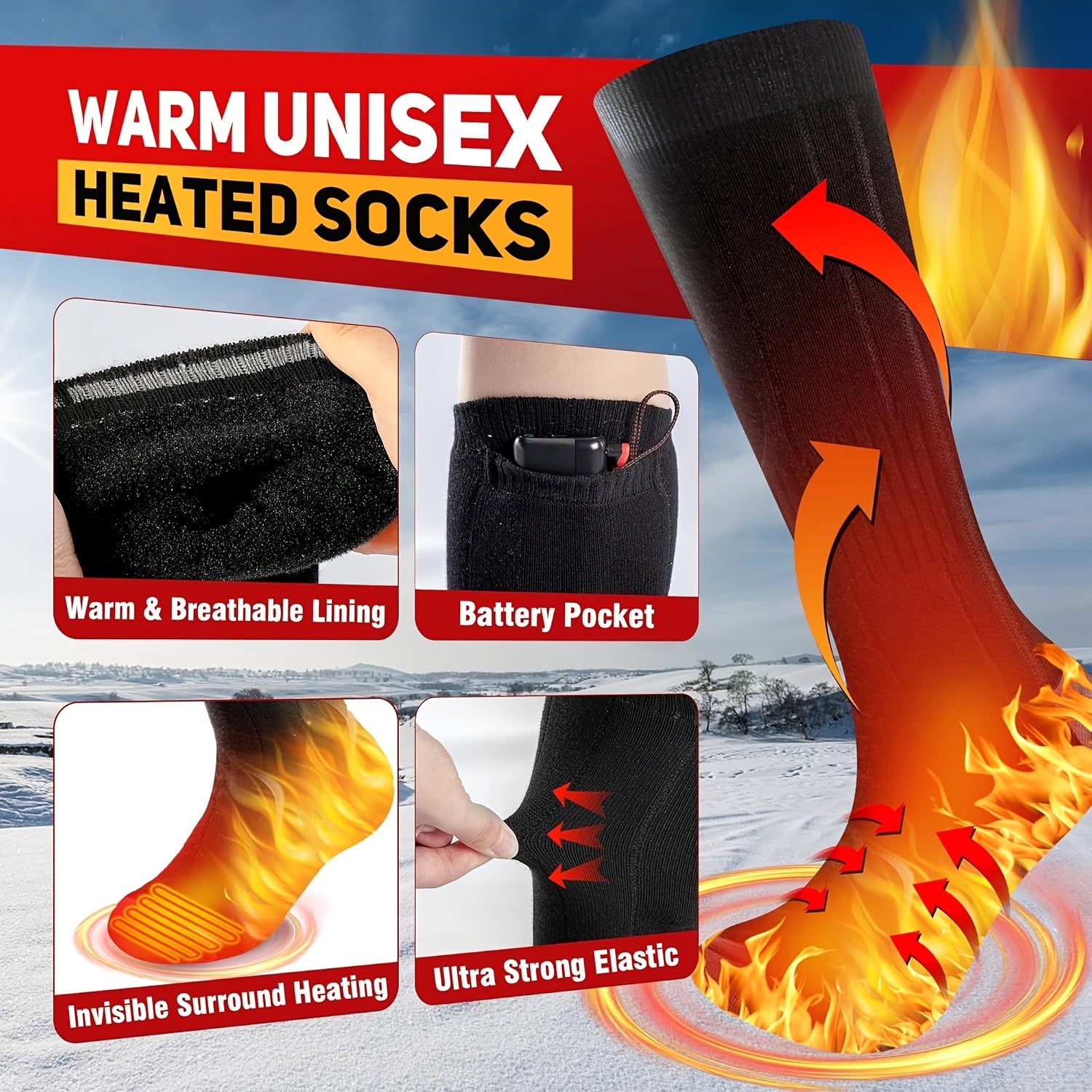Rechargeable Heated Socks, Dual 4000mAh Batteries, 3 Heat Settings, Washable Electric Socks for Outdoor Work
