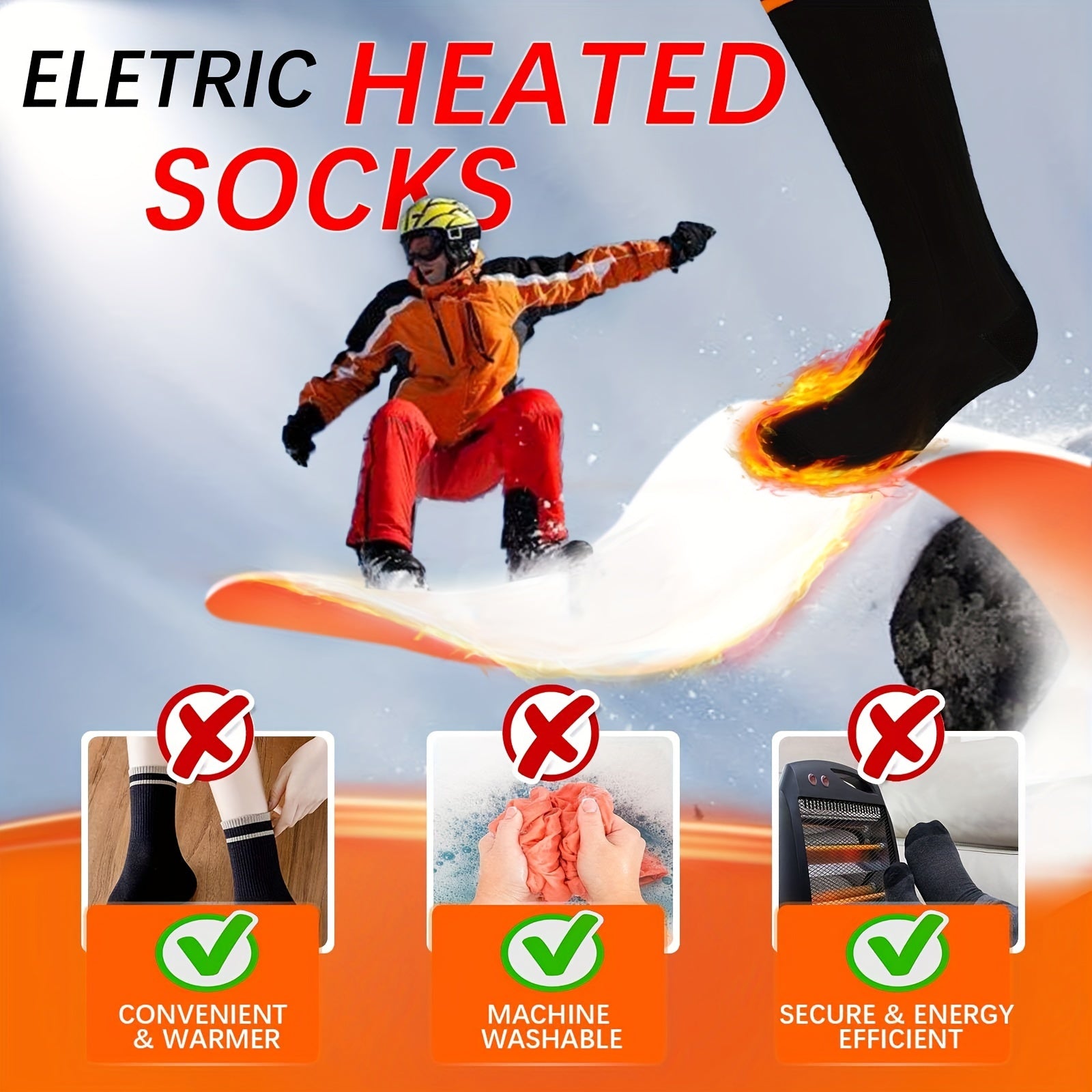 Rechargeable Heated Socks, 5000mAh Battery, 3 Heat Levels, Washable Electric Socks for Hiking, Skiing & Camping