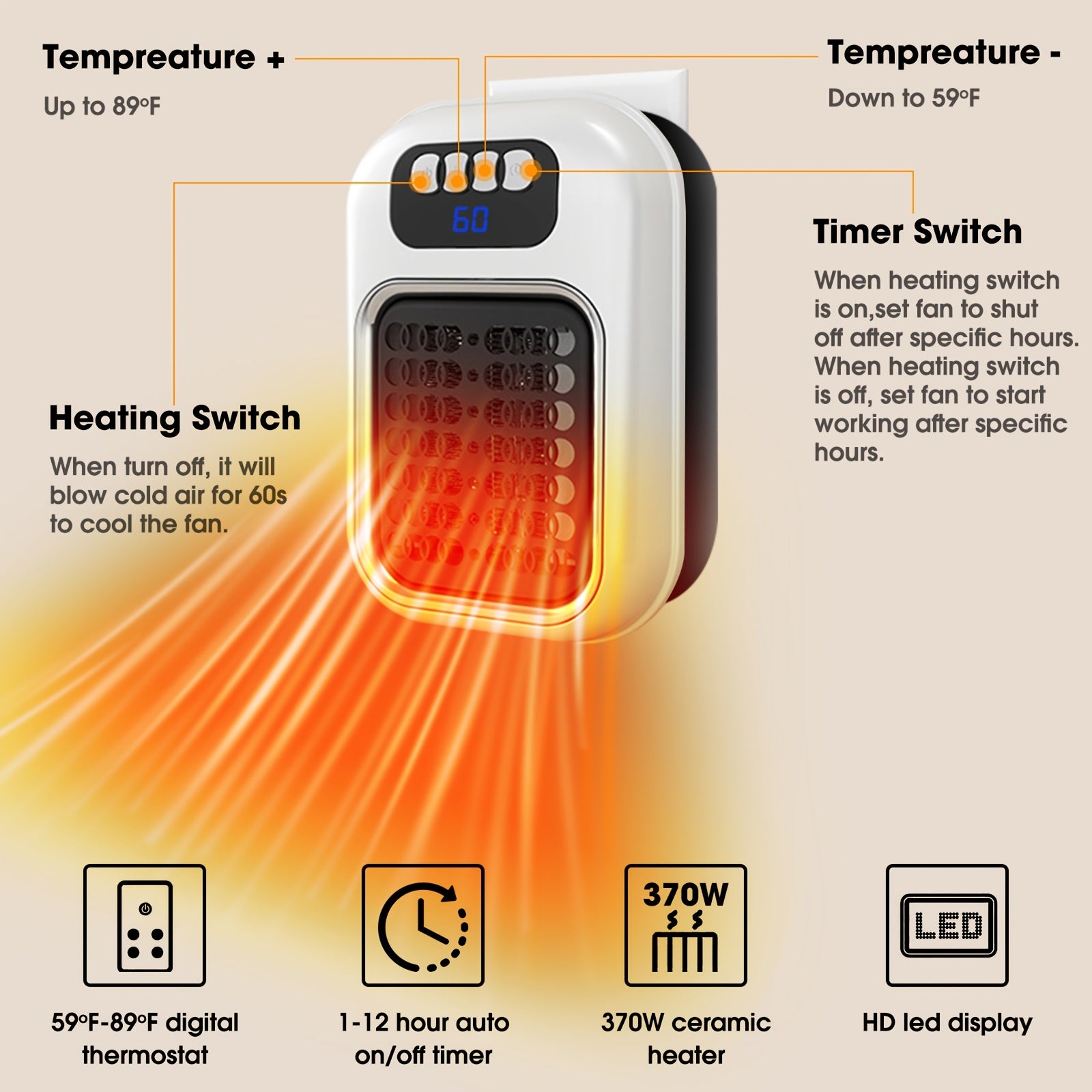 Wall-Mounted Electric Space Heater for Indoor Use – Adjustable Thermostat, Timer & LED Display