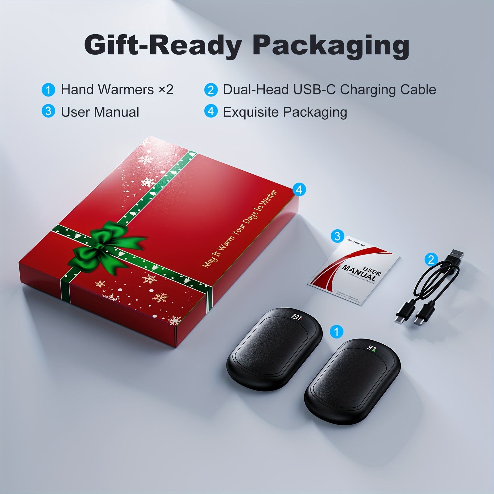 Rechargeable Magnetic Hand Warmers 2-Pack, Electric Pocket Heater, Dual-Sided Heating, 3 Temperature Modes