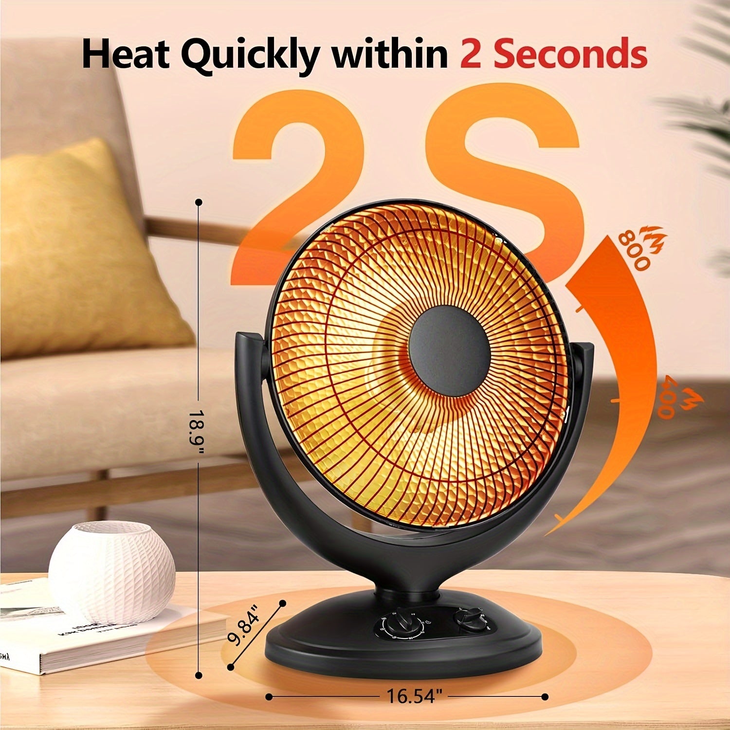 800W / 400W Portable Electric Space Heater for Indoor Use – Compact Heater with Thermostat & Timer
