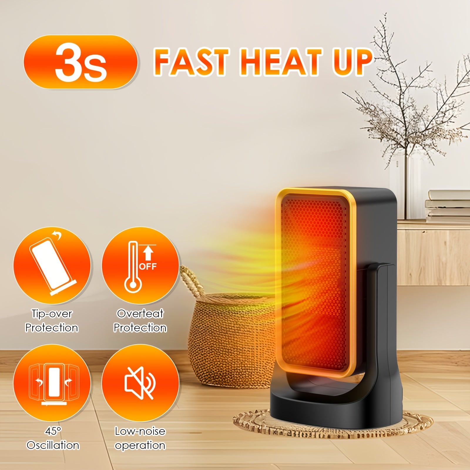 Compact Electric Space Heater for Indoor Use – Portable Heater with Thermostat & Quiet Operation