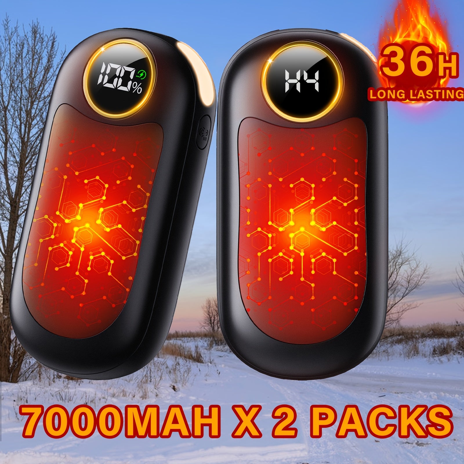 Rechargeable Hand Warmers 2-Pack, Dual-Sided Electric Pocket Heater, 4 Heat Levels, Power Bank & LED Light