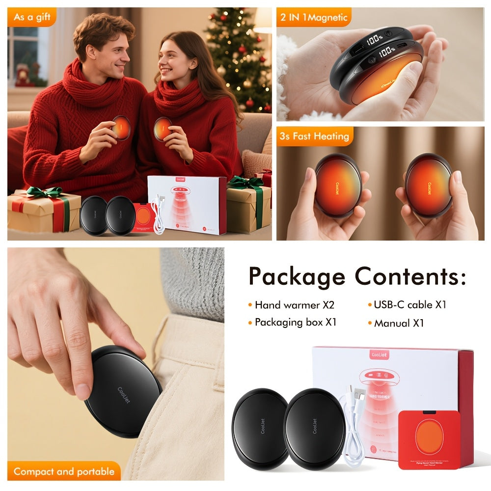 Rechargeable Magnetic Hand Warmers 2-Pack with Digital Display, Electric Pocket Heater, 3 Heat Levels